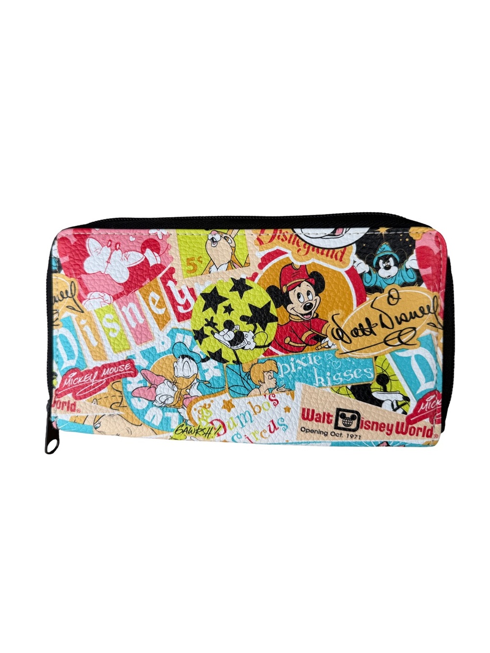 Disney Parks Authentic Retro Sticker Collage Zip Around Wallet Mickey Minnie